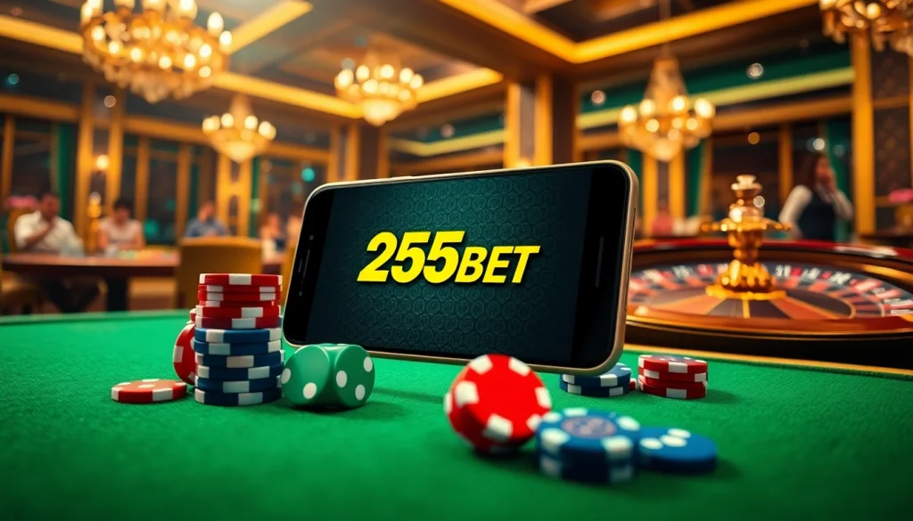 Gambling excitement with the 255BET App displayed on a smartphone surrounded by poker chips and dice.