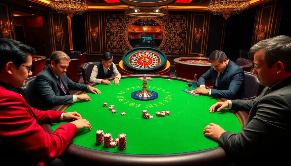 Players engaging in a thrilling poker game at gg88 casino with vibrant decorations.