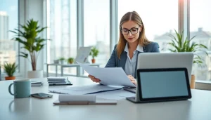 Księgowość dla spółki budowlanej w nowoczesnym biurze rachunkowym prowadzonym przez kobietę księgową.