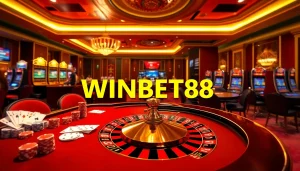 Experience the excitement of WINBET88 with luxury casino elements like poker chips and roulette.