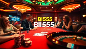 Experience thrilling gambling action at Bl555 with poker chips and a roulette wheel.