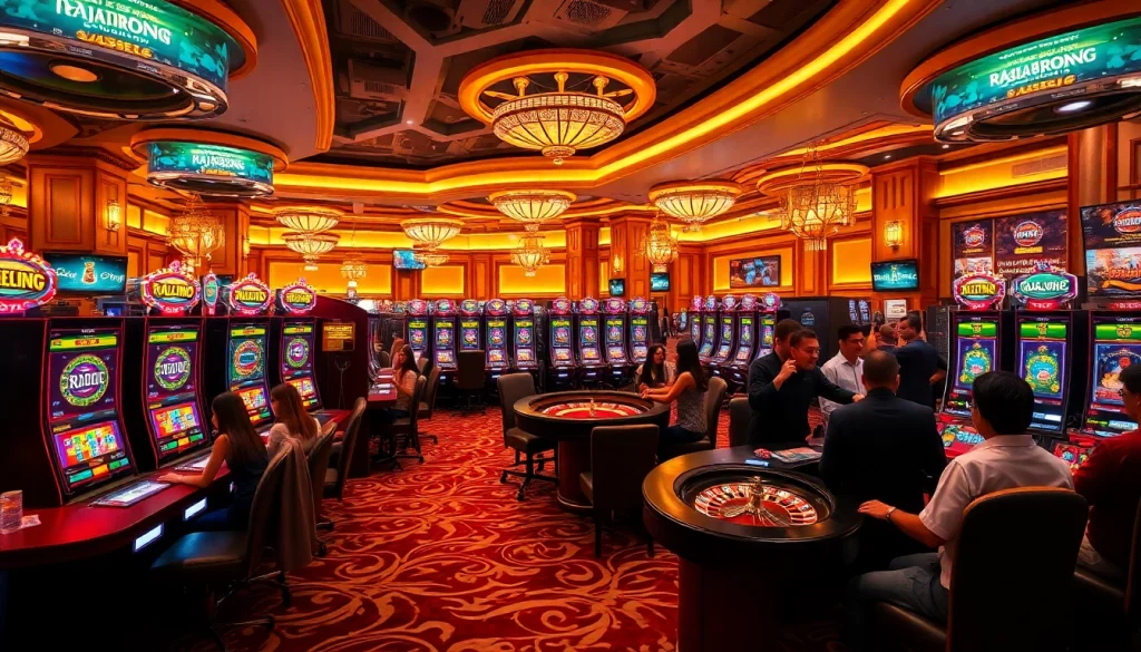 RAJABARONG slot machines create excitement in a luxurious casino setting with vibrant colors and eager players.