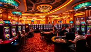 RAJABARONG slot machines create excitement in a luxurious casino setting with vibrant colors and eager players.
