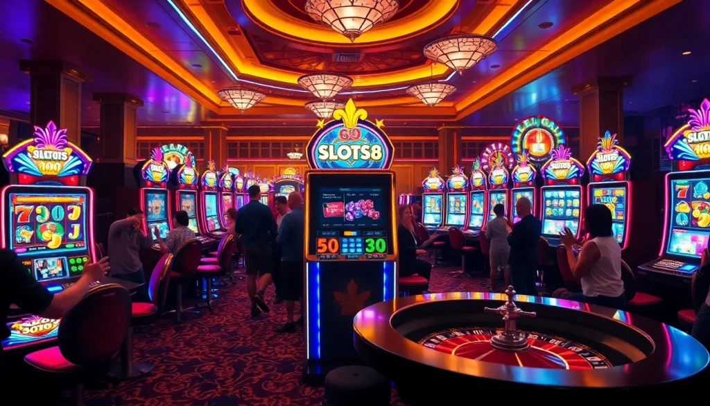 Players winning big at SLOTS8-branded slot machines in a vibrant casino atmosphere.