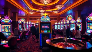 Players winning big at SLOTS8-branded slot machines in a vibrant casino atmosphere.