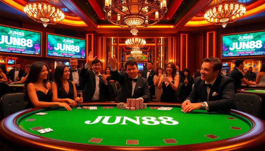 Experience intense excitement at JUN88's luxurious casino tables filled with players enjoying poker.