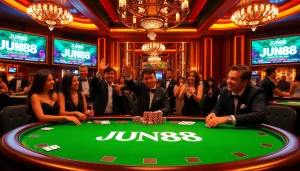 Experience intense excitement at JUN88's luxurious casino tables filled with players enjoying poker.