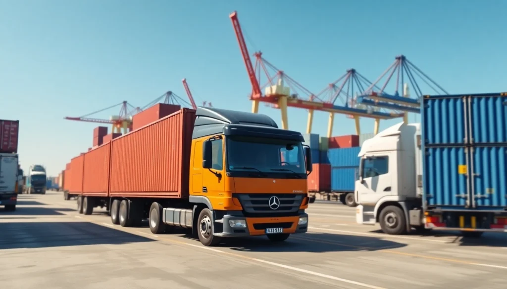 Drayage trucks transporting containers at a bustling port loading dock.