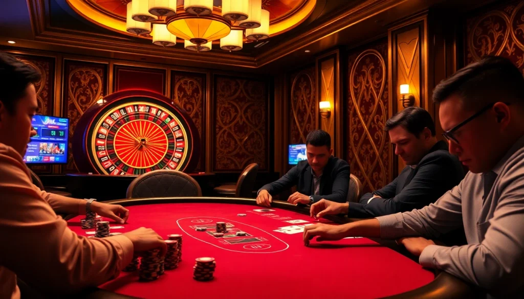 Players enjoying a thrilling poker game at MMOO, surrounded by vibrant casino elements.