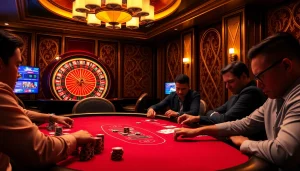 Players enjoying a thrilling poker game at MMOO, surrounded by vibrant casino elements.