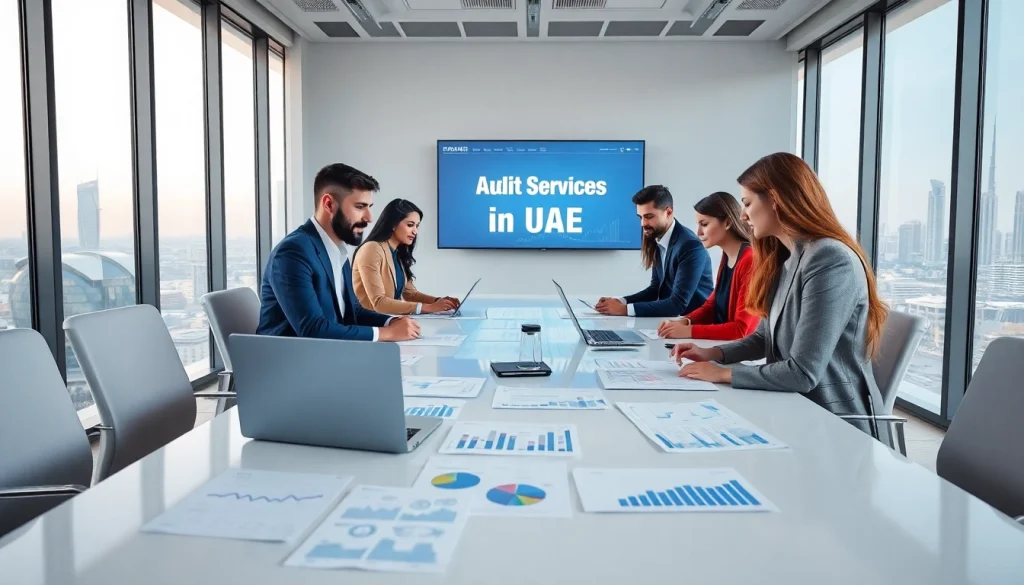 Audit Services in UAE showcased in a professional office with diverse auditors collaborating.