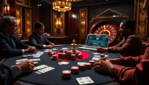 gamblers at a RR88 pizza poker table, showcasing excitement and strategy in a luxury setting