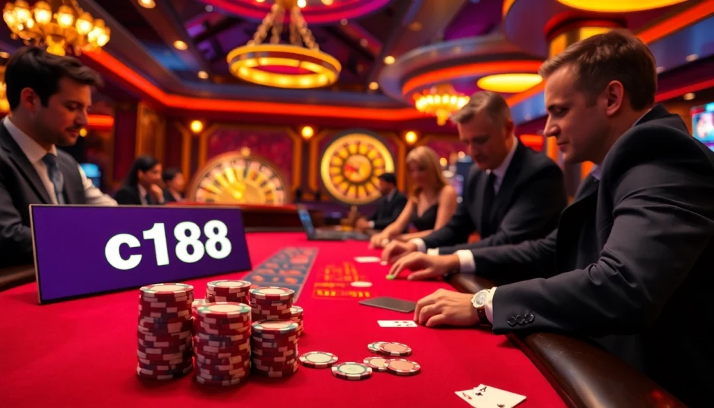 C168 game players engaging in a thrilling poker match at an elegant casino table.
