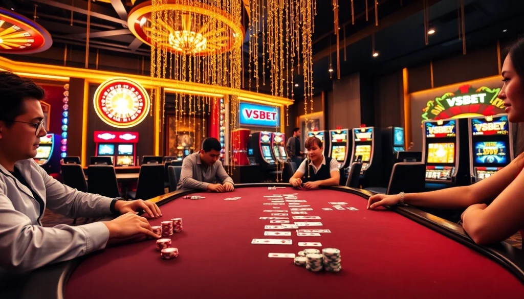 Experience the thrill of VSBET at a luxurious casino table with poker and roulette games.