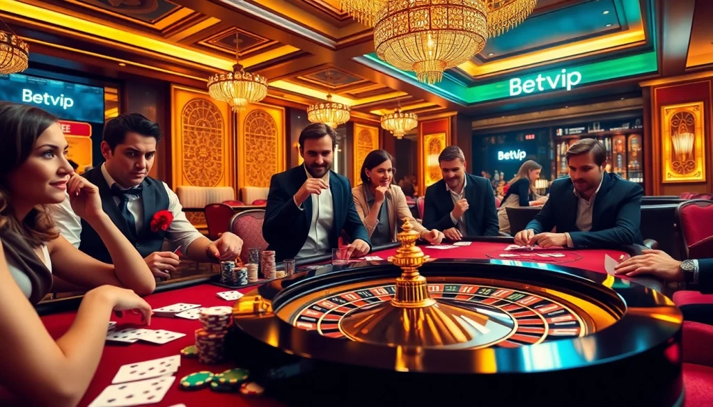 Người chơi Betvip tận hưởng trải nghiệm casino sang trọng tại bàn poker với những đồng chip sống động và bộ bài.