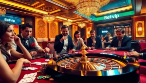Người chơi Betvip tận hưởng trải nghiệm casino sang trọng tại bàn poker với những đồng chip sống động và bộ bài.