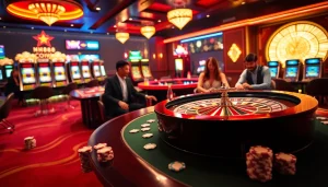 Exciting online gaming scene at nh88 with poker chips and roulette table.