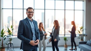 Real Estate agent discussing properties with clients in a modern office setting.