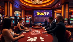 Players enjoying a thrilling Go99 poker game surrounded by vibrant casino elements.