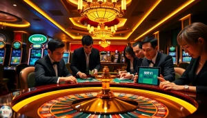 Engaged gamblers at Nhà cái 888VI enjoying a lavish casino atmosphere with cards and chips.