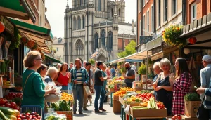 CoventryHub's vibrant market scene featuring fresh produce and local crafts, capturing Coventry's community spirit.