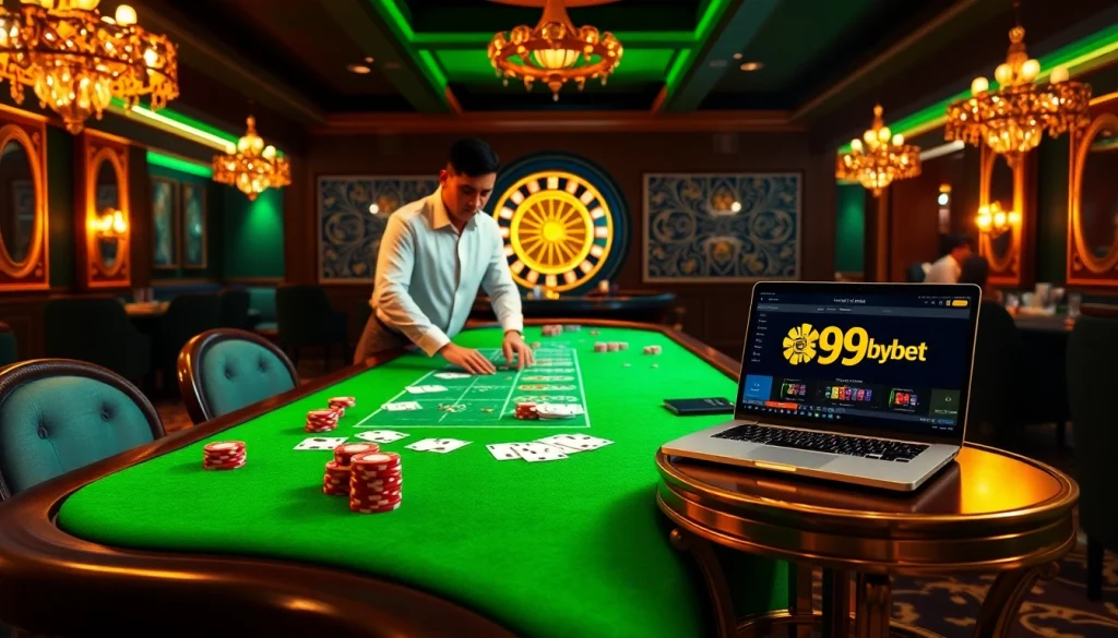 Engage with the vibrant gaming experience on trang chủ 89bet featuring poker and roulette tables in an elegant setting.
