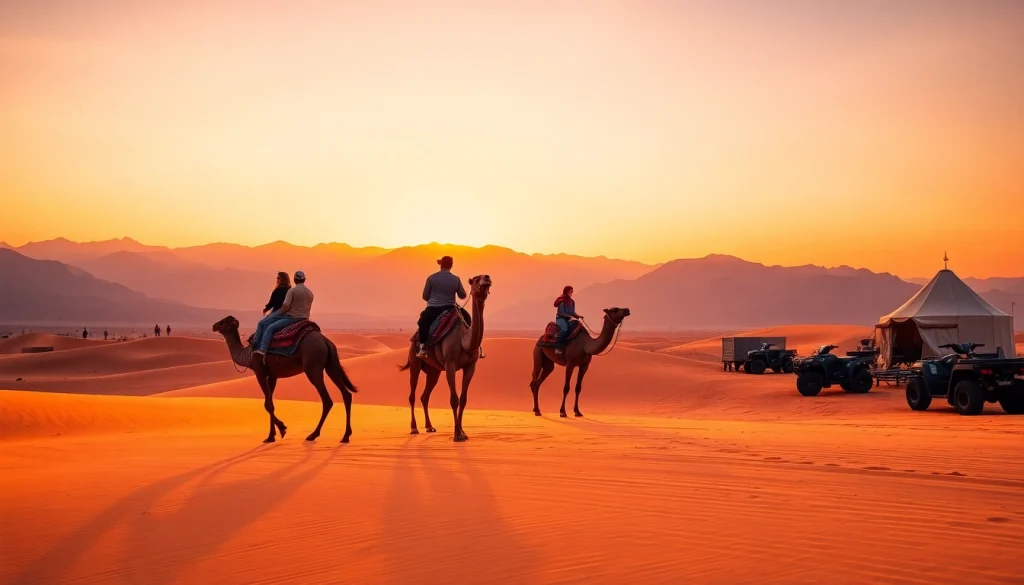 Marrakech camel ride and quad biking adventure in Agafay Desert at sunset, depicting travelers enjoying the scenic beauty.