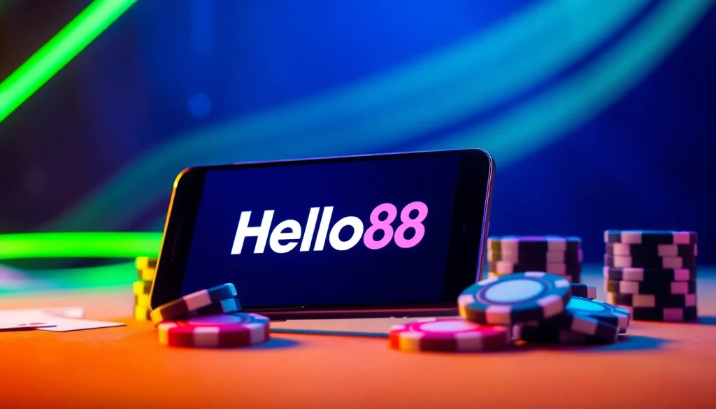 Hello88 online betting platform on smartphone surrounded by gaming chips and cards, conveying excitement and trust.