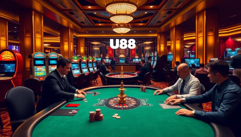 Experience the thrilling excitement of UU88 poker and slot games in a luxurious casino setting.