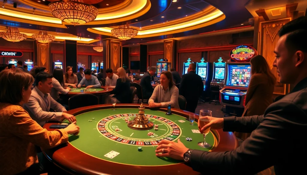 OKWIN casino scene with players at a poker table, a roulette wheel, and vibrant slot machine.