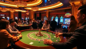 OKWIN casino scene with players at a poker table, a roulette wheel, and vibrant slot machine.