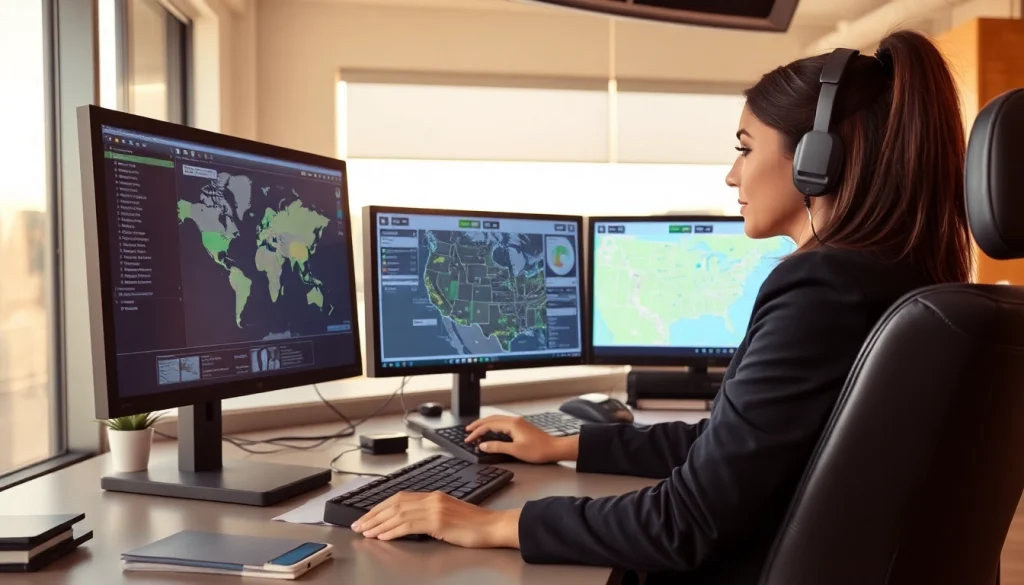 Truck Dispatch Services: A dispatcher coordinating loads at a desk with technology and maps.