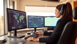 Truck Dispatch Services: A dispatcher coordinating loads at a desk with technology and maps.