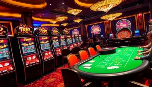 Toto slot machines create an exciting atmosphere in a vibrant casino scene with players at a poker table.