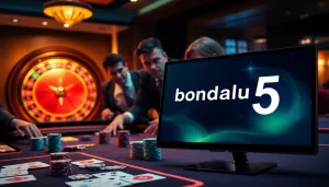 Bongdalu 5 showcases a luxurious casino table with poker chips and cards in an exciting gambling atmosphere.