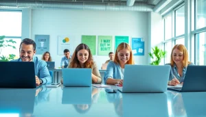 Engaged individuals filling out online surveys at https://enqueteplein.nl in a bright, modern workspace.