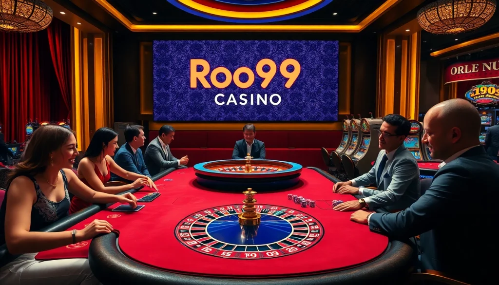 Players enjoying the vibrant atmosphere at Roo99 Casino with poker chips and a roulette wheel.