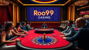 Players enjoying the vibrant atmosphere at Roo99 Casino with poker chips and a roulette wheel.