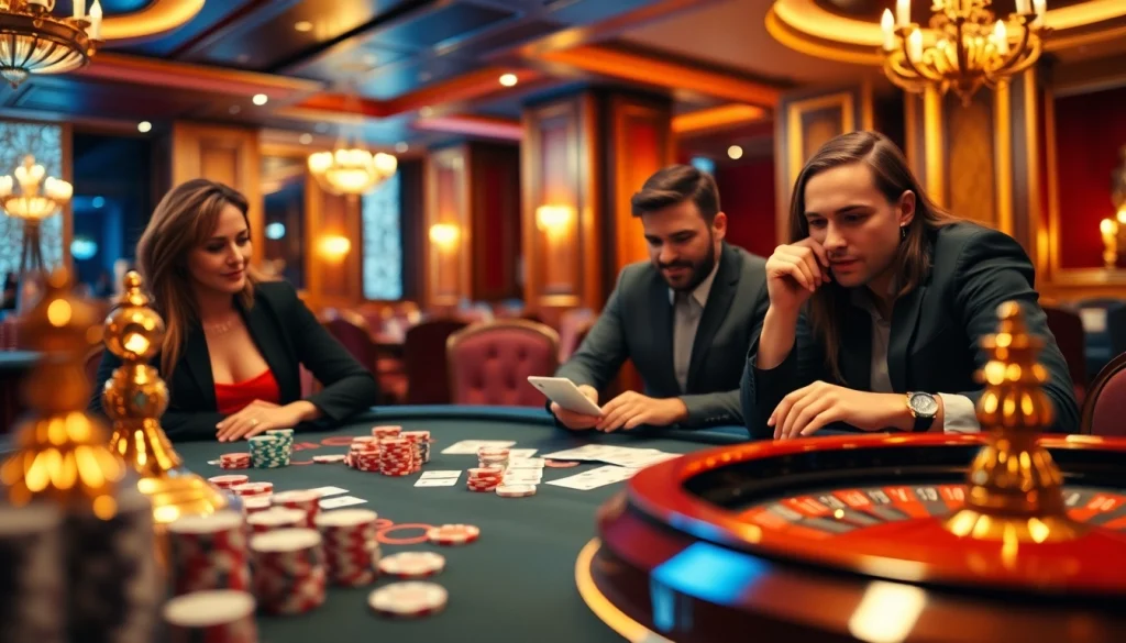 Exciting gambling action at Trang chủ Hi88 showcasing poker chips and roulette wheel in a vibrant casino ambiance.