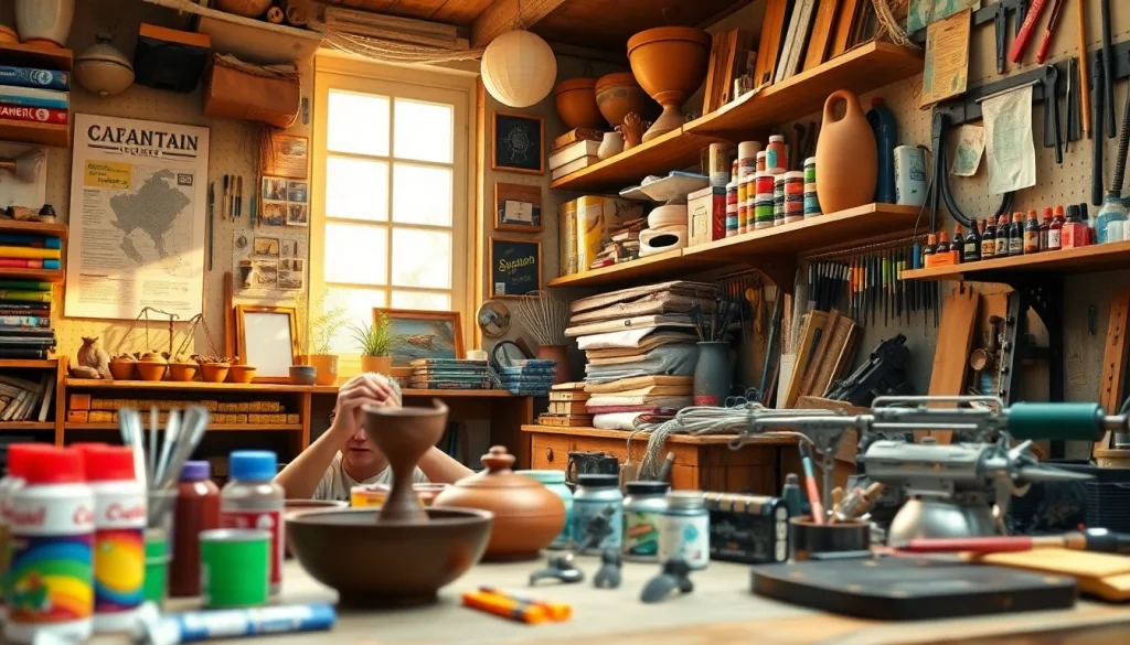 Showcase of niche hobbies with a person crafting pottery in a colorful workshop.