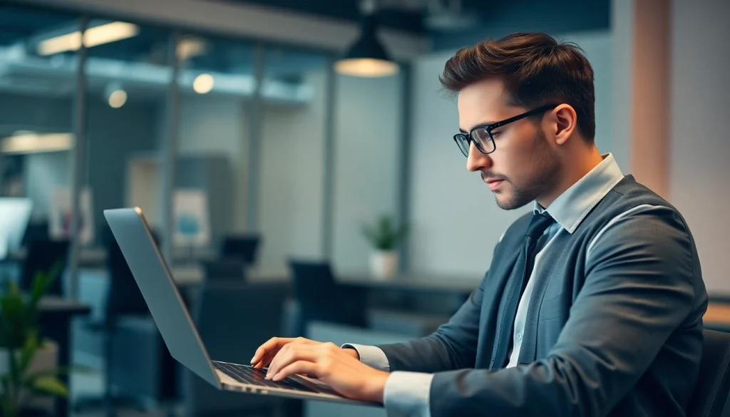 Vérification d'email digitale par un professionnel utilisant un ordinateur portable, ambiance sérieuse.