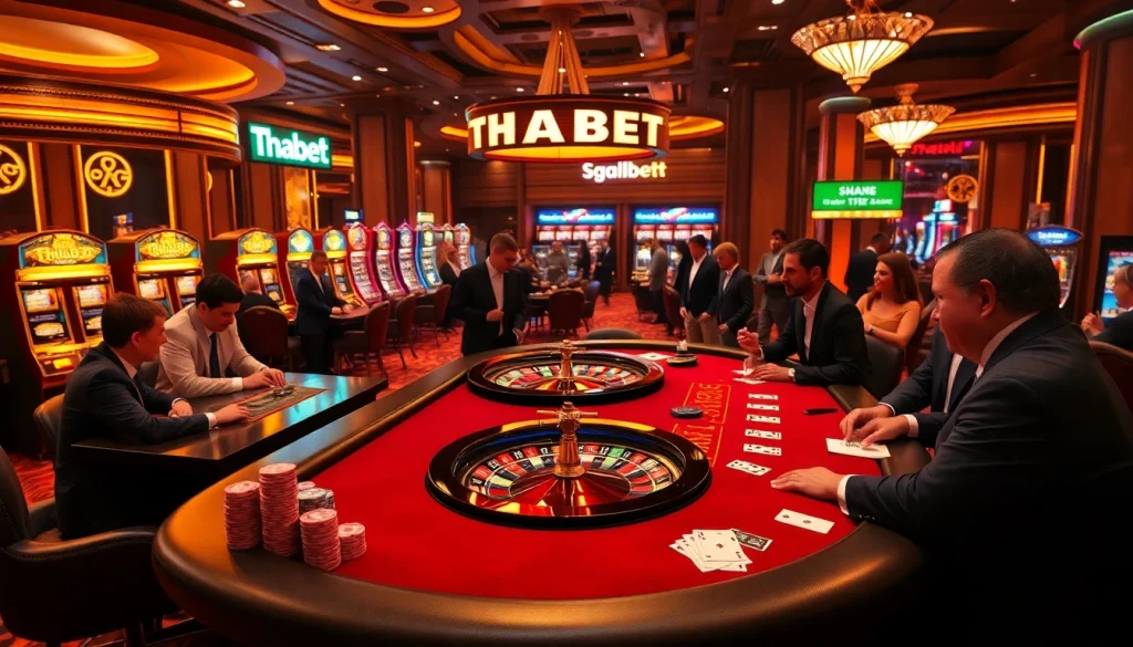 THABET casino scene with players enjoying poker and roulette under elegant lighting