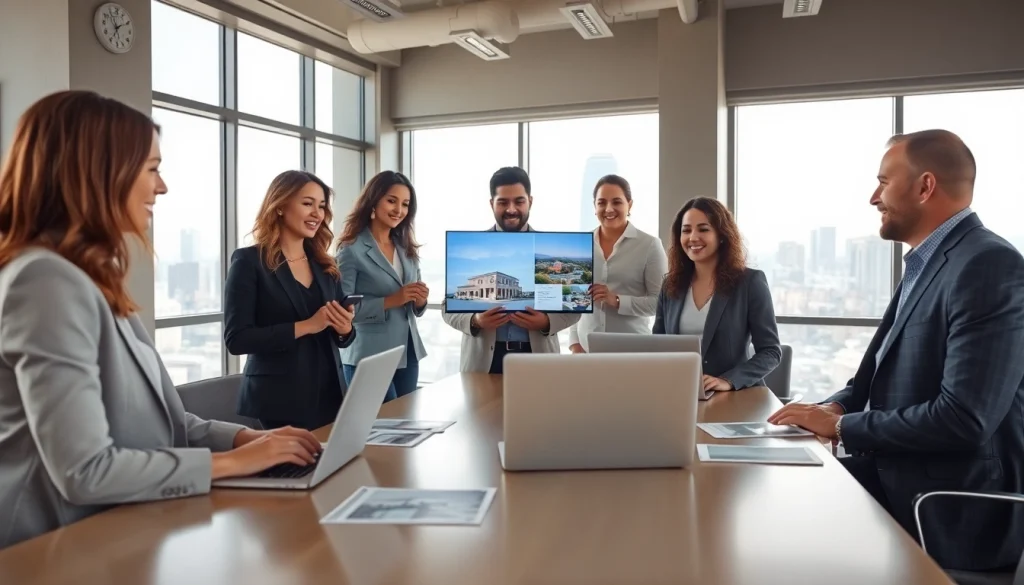 Real Estate agents assisting clients in a modern office environment with city views.