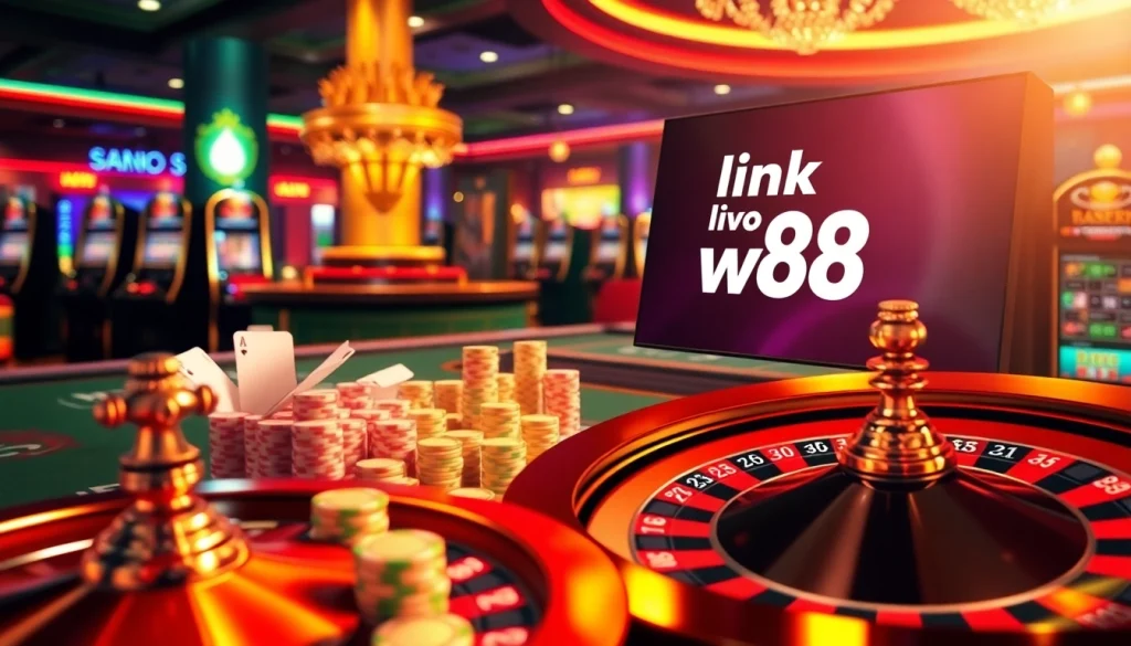 Experience thrilling gameplay with link vao w88 featuring poker chips and a roulette wheel in a luxurious casino.