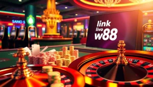 Experience thrilling gameplay with link vao w88 featuring poker chips and a roulette wheel in a luxurious casino.