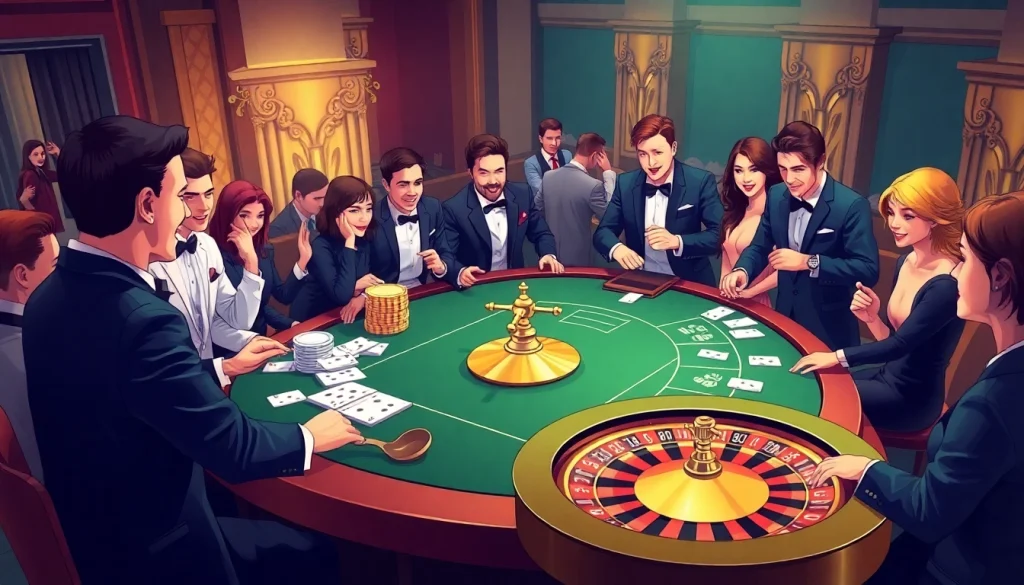 Bin88 casino players actively enjoying a thrilling game at a luxurious casino table.