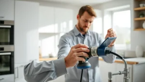Technician performing Scotland Leak Detection using advanced tools in a modern kitchen.