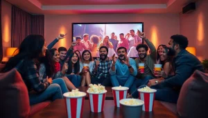 Watch thrilling films at https://bandarlayarkaca21.com with friends in a vibrant home theater setting.