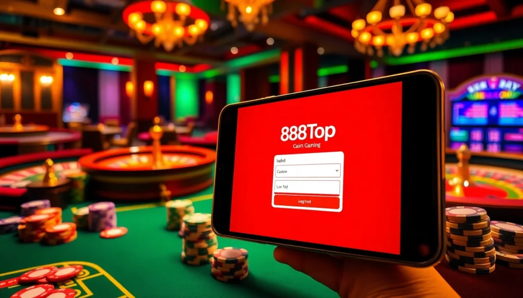 Engage with the 888top đăng nhập experience featuring a luxurious casino environment with chips and cards.