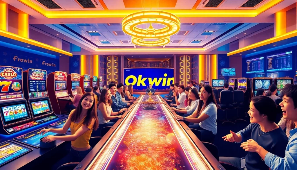 Okwin gaming experience featuring players enjoying various online casino games in a vibrant setting.